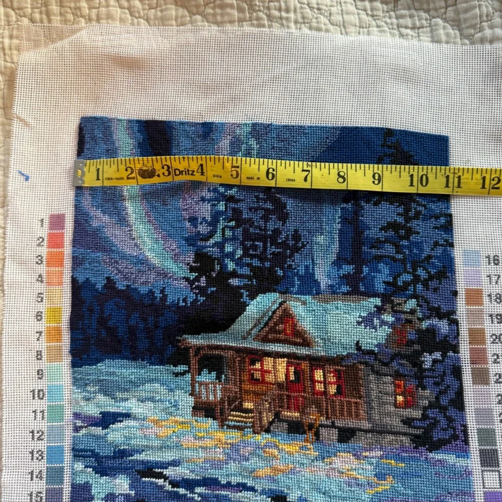 Needlepoint Northern Lights Winter Cabin Finished Handmade Art 11 x 14